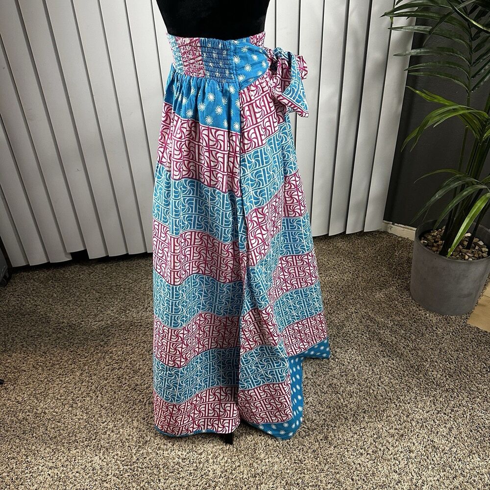 Jackpot Women's Free Size African Print Maxi Skirt Blue Pink White Front Tie Bow - Picture 3 of 8